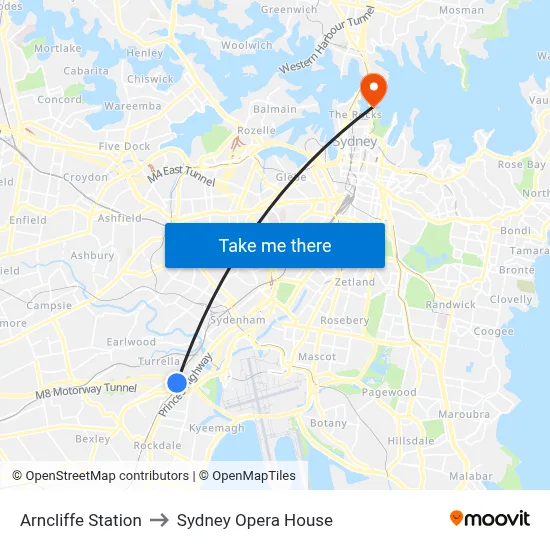 Arncliffe Station to Sydney Opera House map