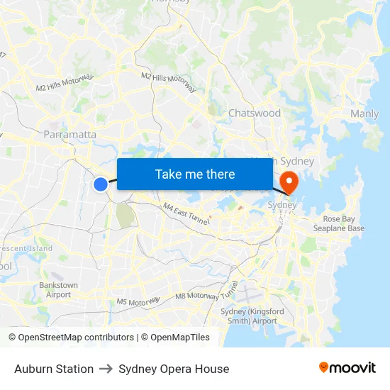Auburn Station to Sydney Opera House map