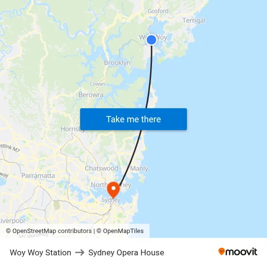 Woy Woy Station to Sydney Opera House map