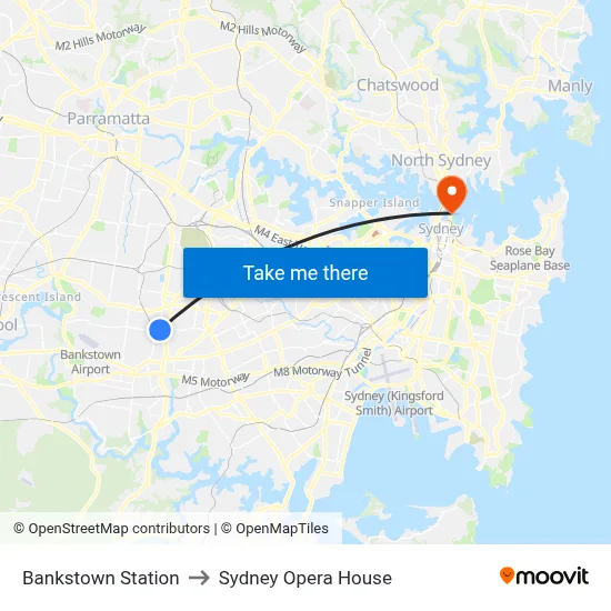 Bankstown Station to Sydney Opera House map