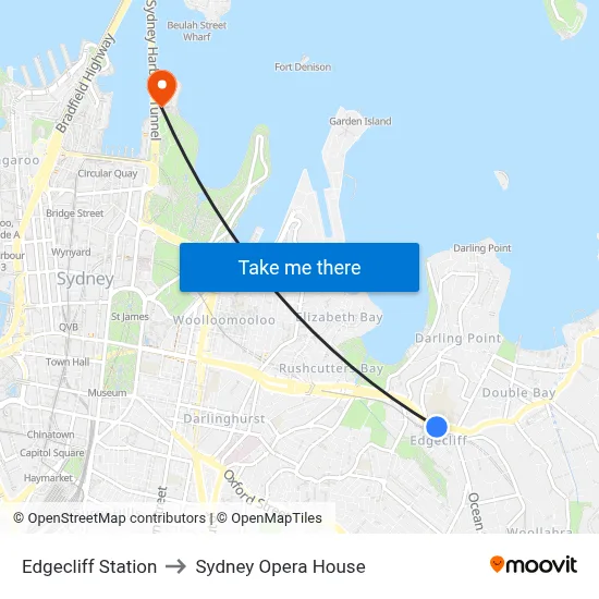 Edgecliff Station to Sydney Opera House map