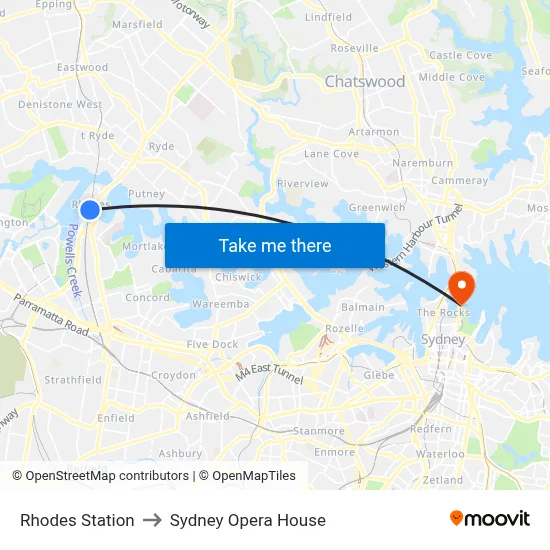 Rhodes Station to Sydney Opera House map