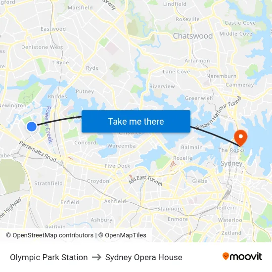 Olympic Park Station to Sydney Opera House map