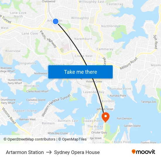 Artarmon Station to Sydney Opera House map