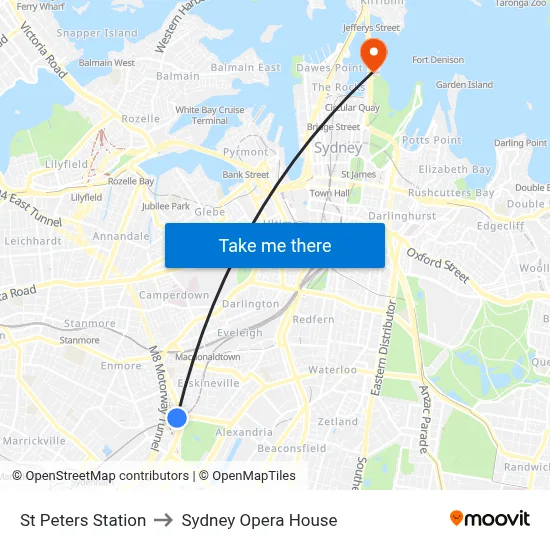 St Peters Station to Sydney Opera House map