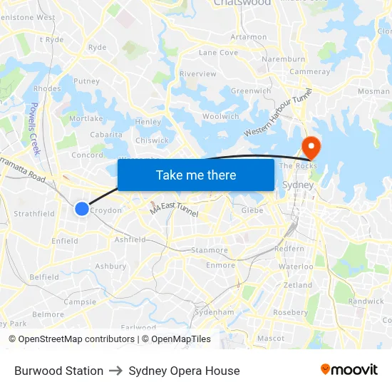 Burwood Station to Sydney Opera House map