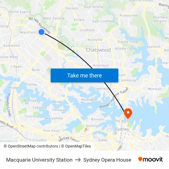 Macquarie University Station to Sydney Opera House map