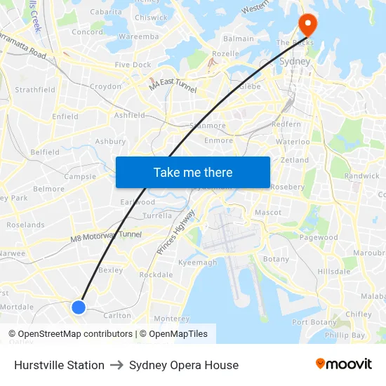 Hurstville Station to Sydney Opera House map