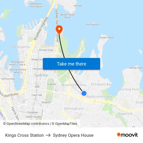 Kings Cross Station to Sydney Opera House map