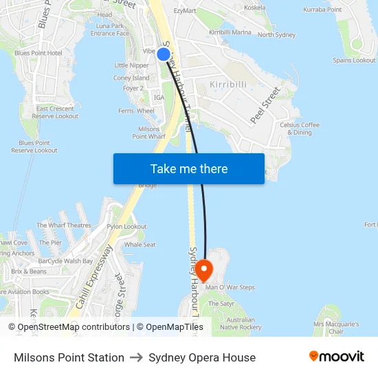 Milsons Point Station to Sydney Opera House map