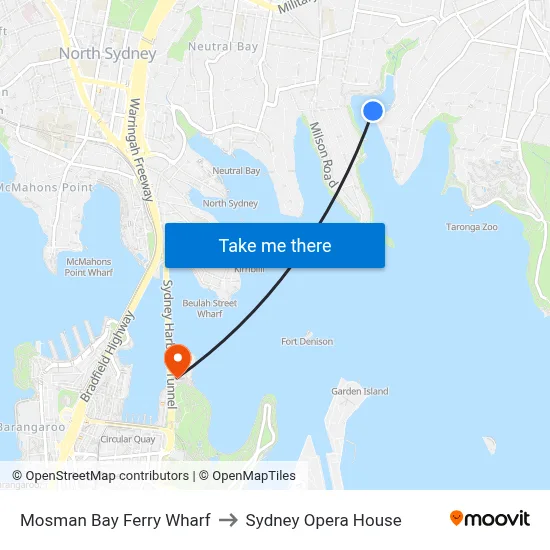 Mosman Bay Ferry Wharf to Sydney Opera House map