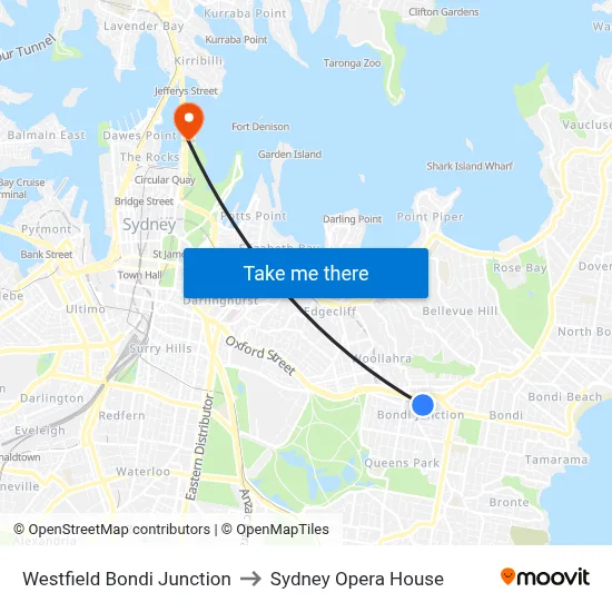 Westfield Bondi Junction to Sydney Opera House map