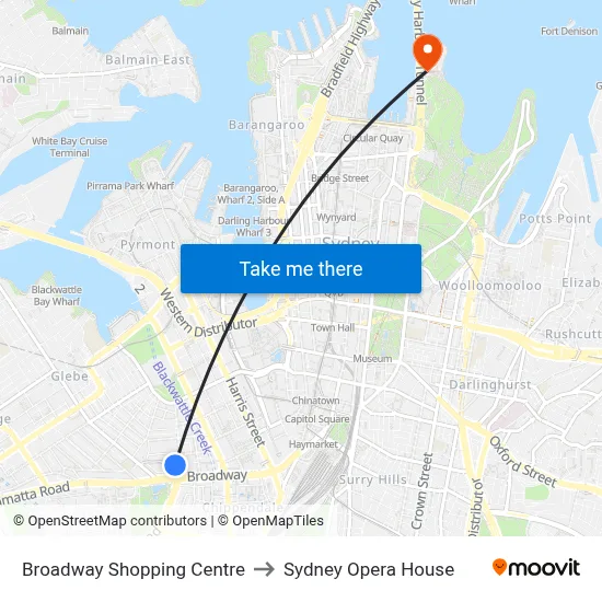 Broadway Shopping Centre to Sydney Opera House map