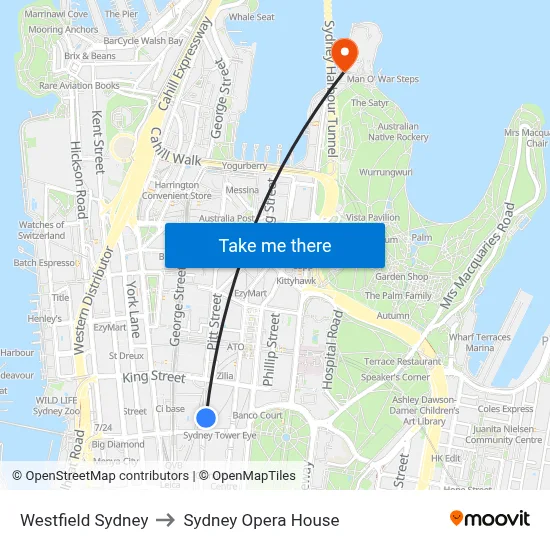 Westfield Sydney to Sydney Opera House map