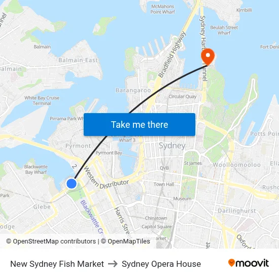 New Sydney Fish Market to Sydney Opera House map