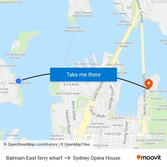 Balmain East ferry wharf to Sydney Opera House map