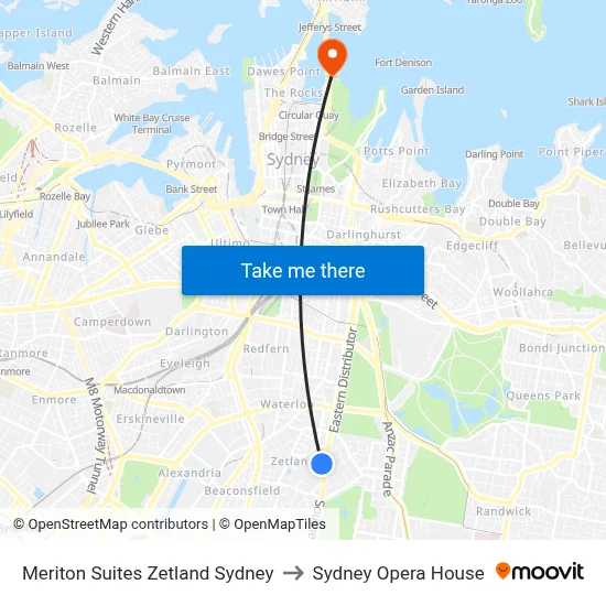 Meriton Suites Zetland Sydney to Sydney Opera House map