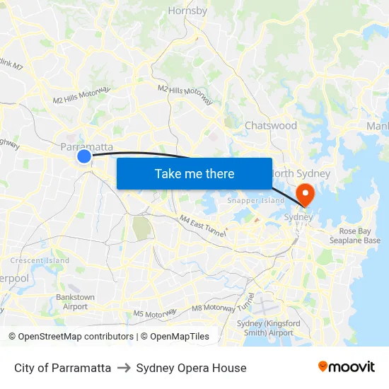 City of Parramatta to Sydney Opera House map