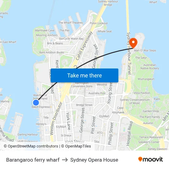 Barangaroo ferry wharf to Sydney Opera House map