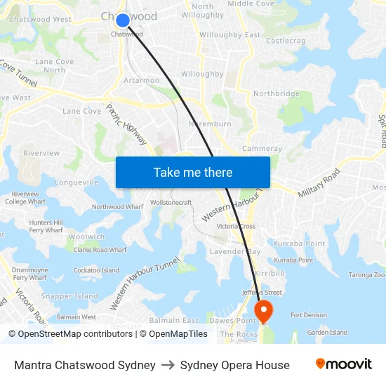 Mantra Chatswood Sydney to Sydney Opera House map