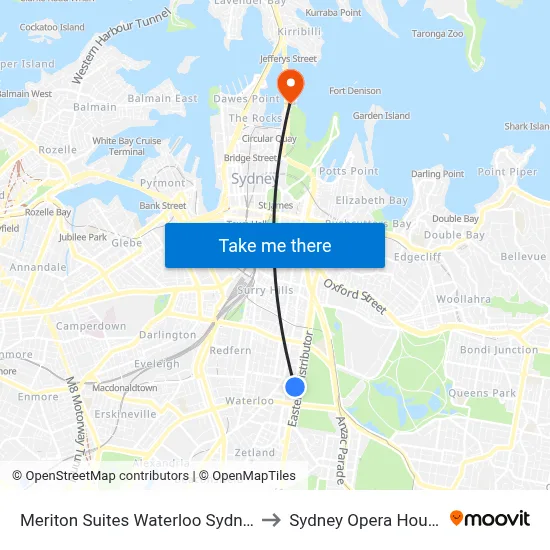 Meriton Suites Waterloo Sydney to Sydney Opera House map