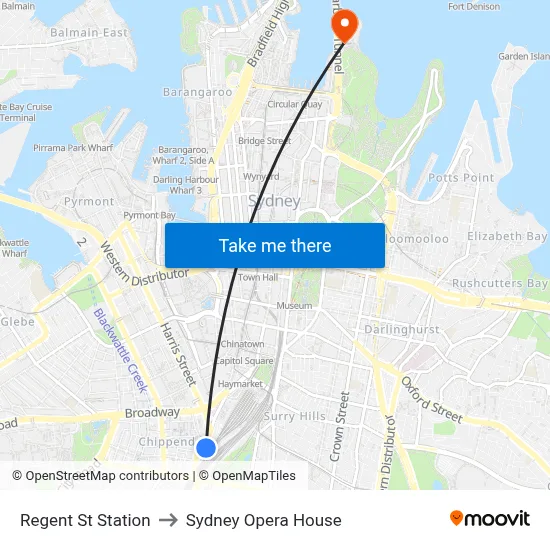 Regent St Station to Sydney Opera House map