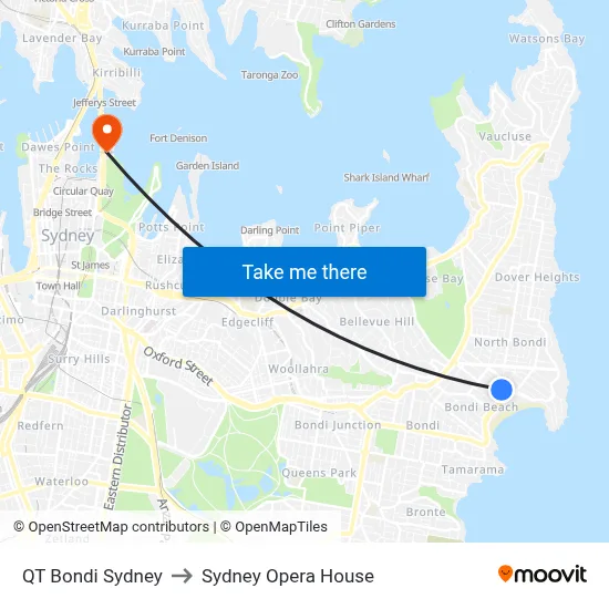QT Bondi Sydney to Sydney Opera House map