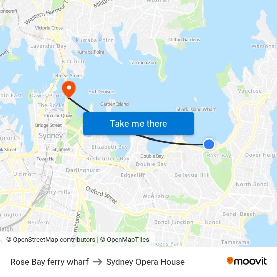 Rose Bay ferry wharf to Sydney Opera House map