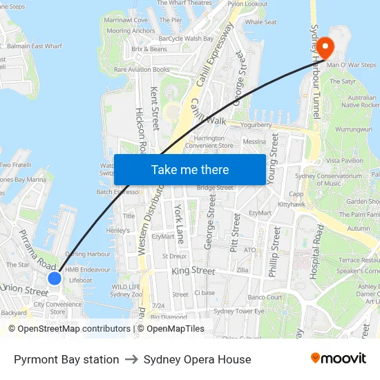 Pyrmont Bay station to Sydney Opera House map