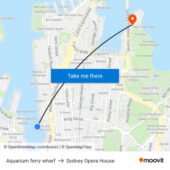 Aquarium ferry wharf to Sydney Opera House map