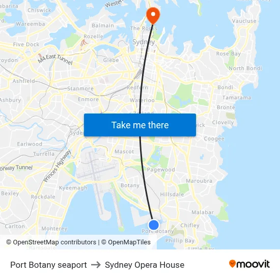 Port Botany seaport to Sydney Opera House map