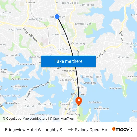 Bridgeview Hotel Willoughby Sydney to Sydney Opera House map