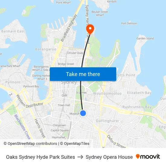 Oaks Sydney Hyde Park Suites to Sydney Opera House map