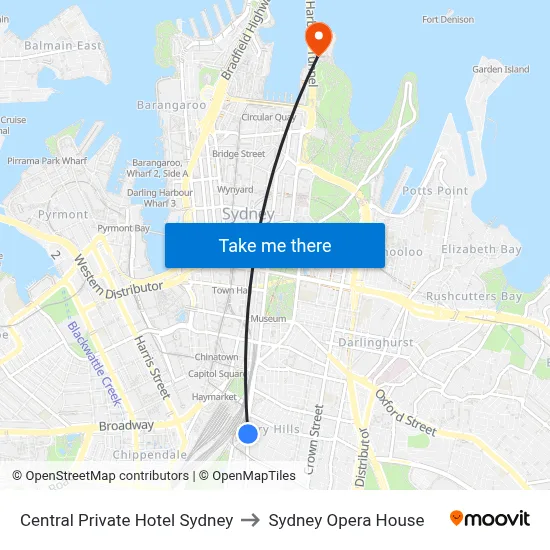 Central Private Hotel Sydney to Sydney Opera House map