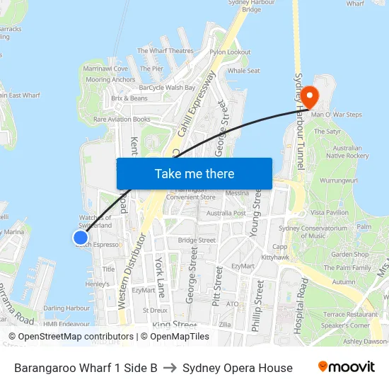 Barangaroo Wharf 1 Side B to Sydney Opera House map