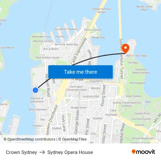 Crown Sydney to Sydney Opera House map