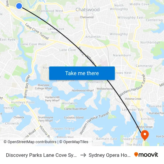 Discovery Parks Lane Cove Sydney to Sydney Opera House map