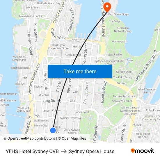 YEHS Hotel Sydney QVB to Sydney Opera House map
