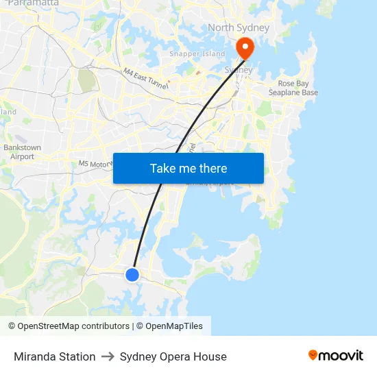 Miranda Station to Sydney Opera House map