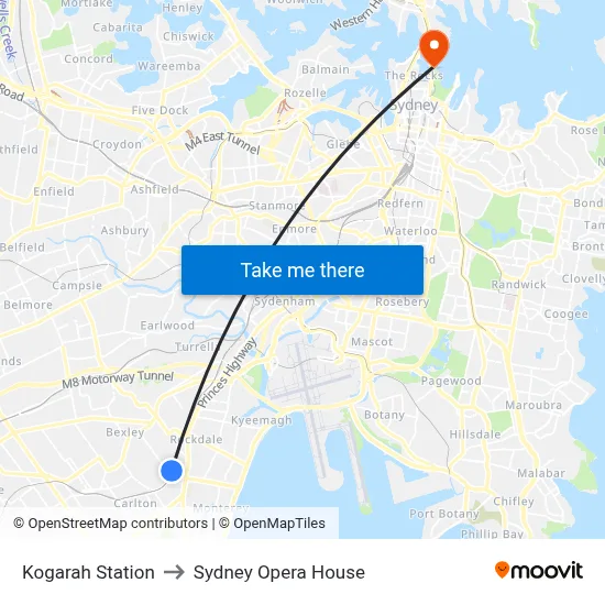 Kogarah Station to Sydney Opera House map