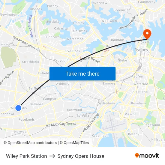 Wiley Park Station to Sydney Opera House map