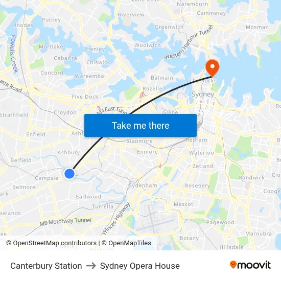Canterbury Station to Sydney Opera House map
