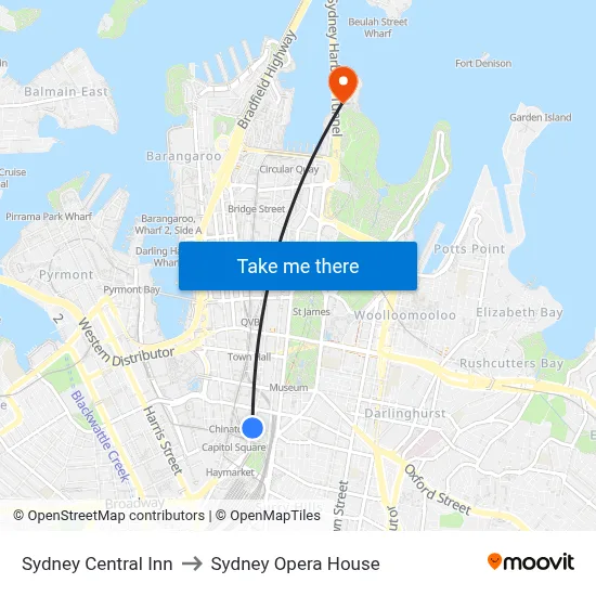 Sydney Central Inn to Sydney Opera House map