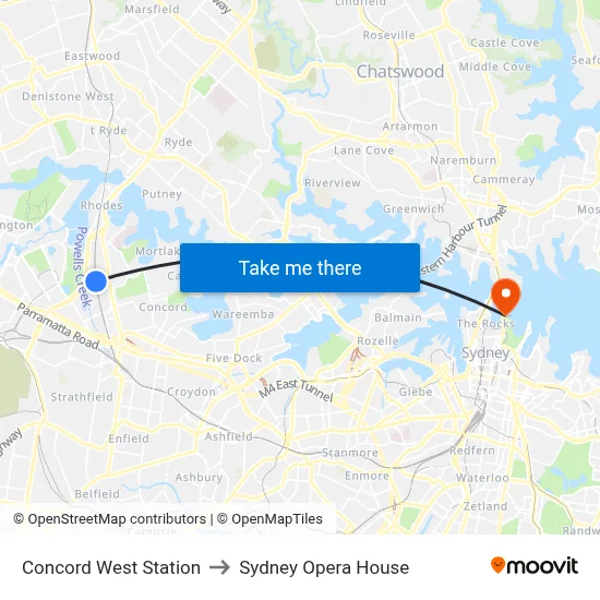 Concord West Station to Sydney Opera House map