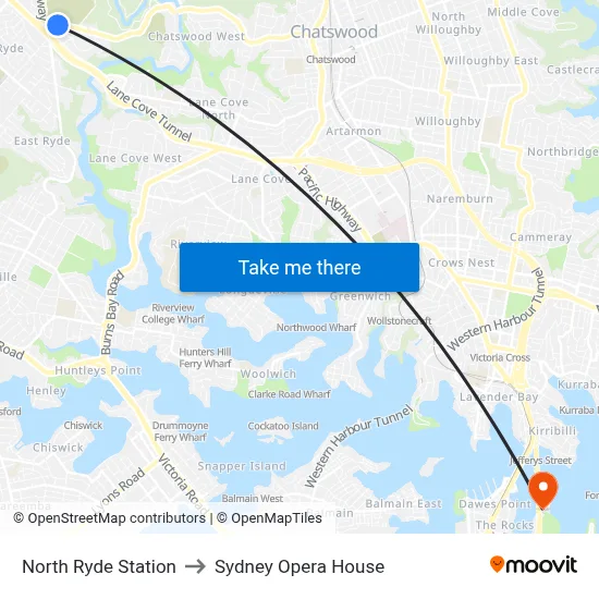 North Ryde Station to Sydney Opera House map
