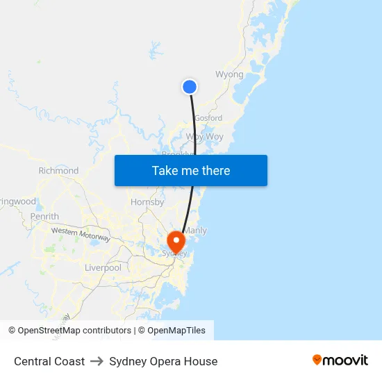 Central Coast to Sydney Opera House map