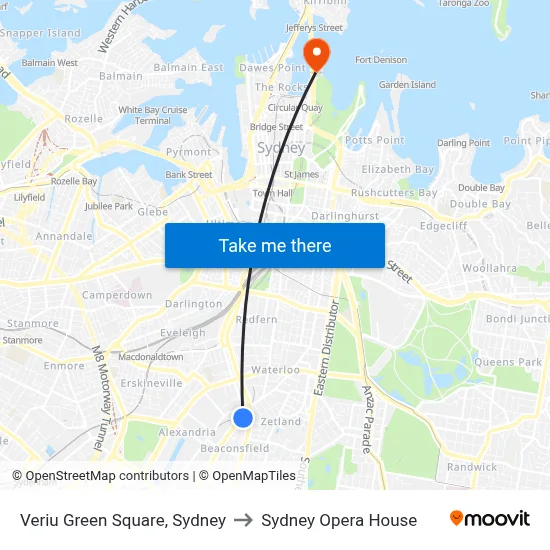 Veriu Green Square, Sydney to Sydney Opera House map