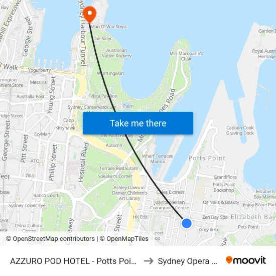 AZZURO POD HOTEL - Potts Point, Sydney to Sydney Opera House map