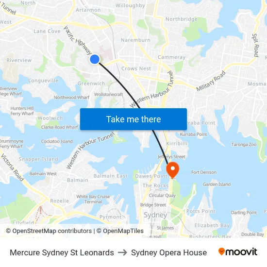 Mercure Sydney St Leonards to Sydney Opera House map