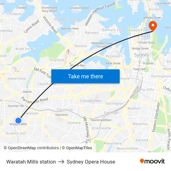 Waratah Mills station to Sydney Opera House map